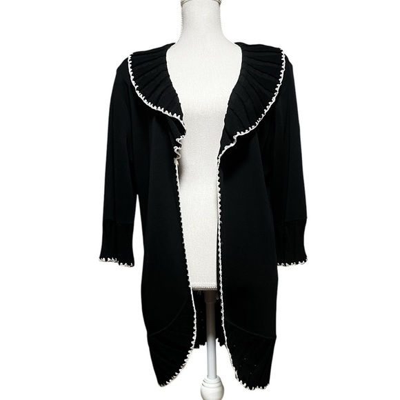MING WANG BEAUTIFUL BLACK OPEN CARDIGAN WITH CREAM EMBROIDERED TRIM SIZE LARGE - Picture 1 of 9